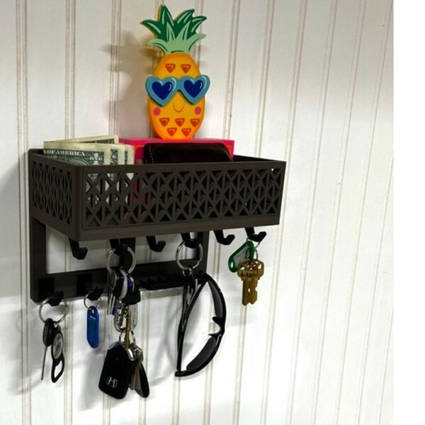 Knick Knacks Holder w False Bottom Secret Compartment Wall Shelf With Hooks, Sunglasses Holder, Credit Card Holder,  and Decorative Railings