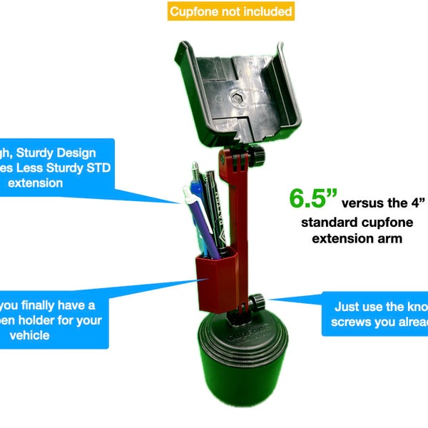 Replacement Extension with Built in Pen and Pencil for the Weathertech Cupfone - Stronger and Taller than Original - Simple Car Organizer