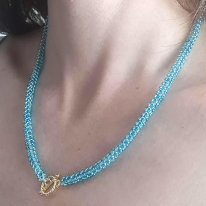 Aqua Blue CRAW Beaded Necklace, Handwoven Choker, Cubic Right Angle Weave, Seed bead, T-lock