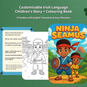 Customisable Irish Language Children’s Story + Colouring Book | 28 page Printable PDF | Bilingual with Phonetics | Personalised Characters