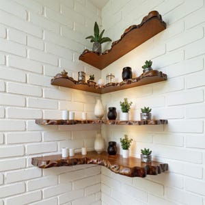 Live edge corner floating shelf solid wood bookshelf wall mounted wood sculpture art bookshelves home decoration