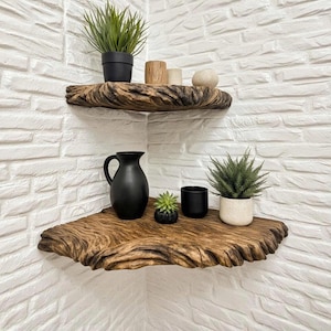 Corner floating shelf wall mount solid wood scupltured live edge bookshelf hanging shelves plant stand rustic home decoration