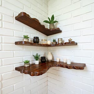 Corner floating live edge shelves solid wood walnut bookshelf wall mount long floating shelf art unique decor for living room