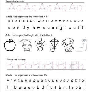 May include: A letter recognition worksheet with the title "Letter Recognition" and the letters "Aa Bb" at the top. The worksheet includes tracing letters, circling letters, and coloring images that start with the letters A and B.