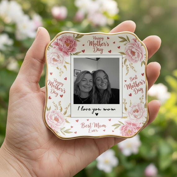 Personalized Photo Ring Dish Custom Jewelry Dish, Floral Ceramic Trinket Tray, Mother’s Day Gift for Mom Nana, Wedding Gift Keepsake from