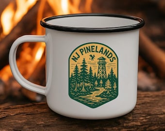 NJ Pinelands Enamel Camp Mug: Rustic Coffee Cup, Jersey Devil Pine Barrens Design
