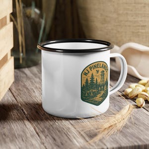 NJ Pinelands Enamel Camp Mug: Rustic Coffee Cup, Jersey Devil Pine Barrens Design image 2