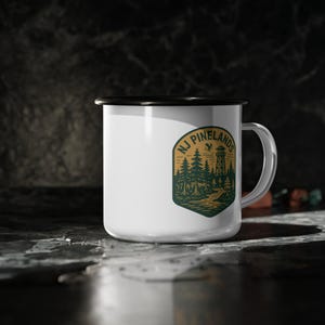 NJ Pinelands Enamel Camp Mug: Rustic Coffee Cup, Jersey Devil Pine Barrens Design image 7