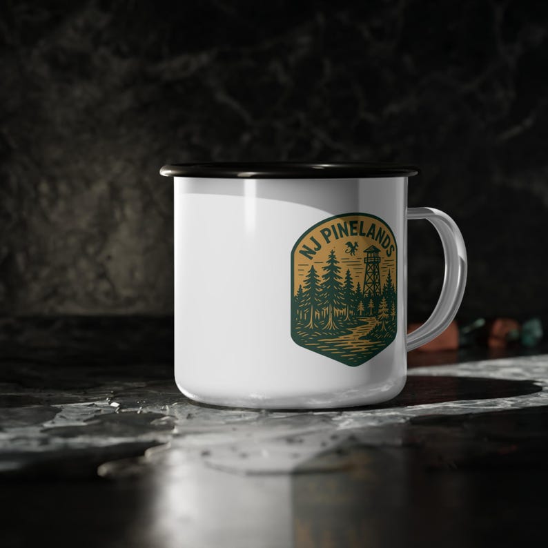 NJ Pinelands Enamel Camp Mug: Rustic Coffee Cup, Jersey Devil Pine Barrens Design image 7