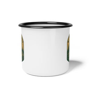 NJ Pinelands Enamel Camp Mug: Rustic Coffee Cup, Jersey Devil Pine Barrens Design image 4