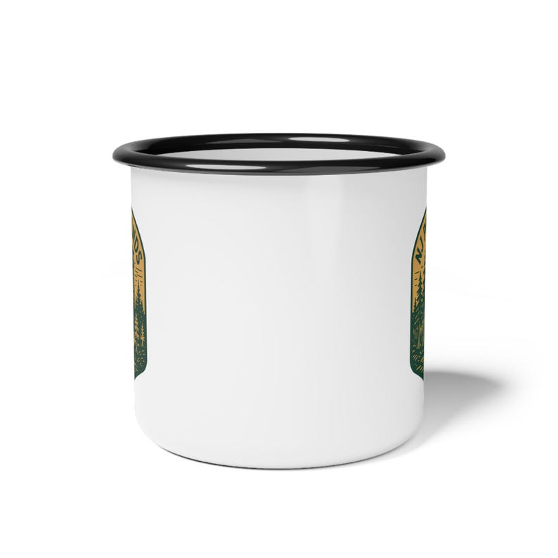 NJ Pinelands Enamel Camp Mug: Rustic Coffee Cup, Jersey Devil Pine Barrens Design image 4