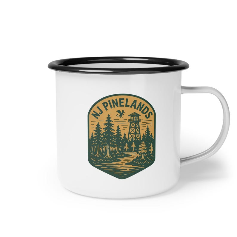 NJ Pinelands Enamel Camp Mug: Rustic Coffee Cup, Jersey Devil Pine Barrens Design image 5
