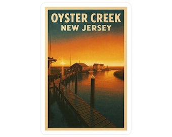 Jersey Shore Travel Sticker, Oyster Creek NJ, Dock and Sunset Waterfront Art, Retro Coastal Sticker,  New Jersey Souvenir