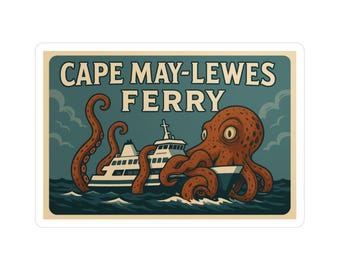 Cape May Lewes Ferry Sticker, New Jersey Coastal Sticker, Vintage-Style Kraken Decal, Jersey Shore Sea Creature