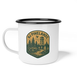 NJ Pinelands Enamel Camp Mug: Rustic Coffee Cup, Jersey Devil Pine Barrens Design image 3