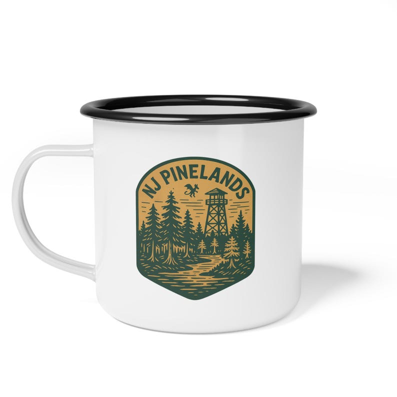 NJ Pinelands Enamel Camp Mug: Rustic Coffee Cup, Jersey Devil Pine Barrens Design image 3