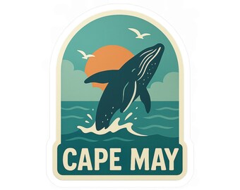 Cape May Whale Sticker | Vintage Coastal Travel Sticker, New Jersey Shore Vinyl Decal, Ocean Whale Illustration, Beach Lover Gift