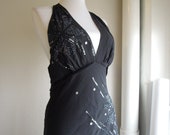 Sexy Silk Chiffon Beaded Black Shimmy Handkerchief Hem Halter Dress Size Small medium