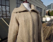 Vtg Icelandic Herringbone Woven Chevron Double Knit Wool Chunky Cardigan Jacket Coat Ski Sweater Womens L Brown Oatmeal Beige 70s 80s Tweed