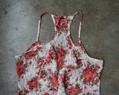 Vtg 90s Floral Rose Print Sheer Lace Stretch Mesh Halter Top Camisole Ruffled 1990s Cami White Red Pink sz M L Spaghetti Strap Vintage Lacy