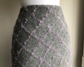 Vtg Fuzzy Wool Mohair blend diamond Plaid Check Woven Pencil knee Skirt Size 10 L Large 90 39 s grey gray lavender lilac woven womens vintage