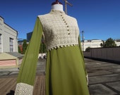 Vintage 60s 70s Olive Green Sheer Silk Chiffon Cream Floral Lace Empire Bodice Long Bohemian Princess Gown Dress Size S 1960 39 s 1970 39 s Empire