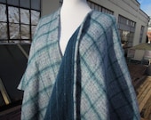 Vtg Wool Soft Blue Blanket Woven Poncho Vest Sweater Wrap Cape Reversible Plaid Pin Striped Fringe Scarf Shawl One size Fits all 90s Talbots
