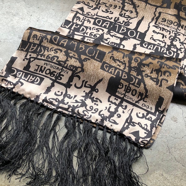 Silk Satin Map Travel Geographic Calligraphy Novelty Print Boho Long Finged Neck Scarf Shawl 1990s 90s Vintage Earthy Tan Beige Black Brown