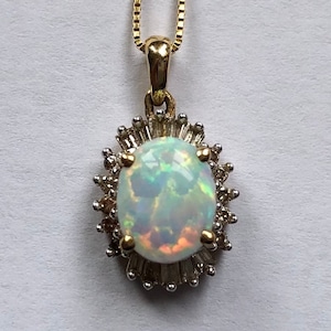 Dainty Solid 14k Yellow and White Gold Real Oval Cabochon Opal Stone Diamond Halo Pendant Necklace Vintage Fine Jewelry Rainbow Specks Fire