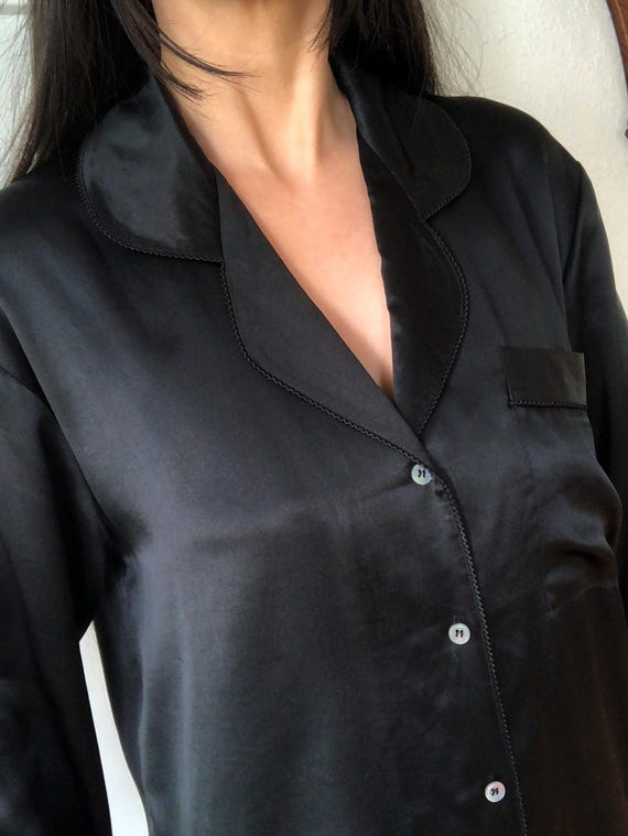 Silk Satin Black Boxy Long Sleeve Pajama Button Up Collared Sleep Top y2k Blouse Womens 90s Shirt Vintage 1990s S M Chest Pocket Lace Trim