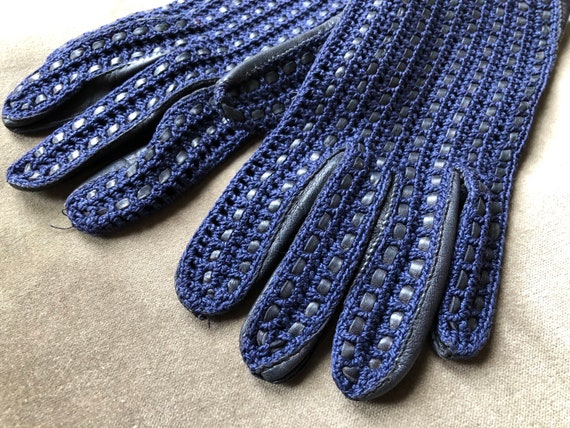 Midnight Blue Leather Woven Crochet Lacy Wrist Gl… - image 2