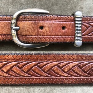 1970s 80s Thick Slim Brown Leather Embossed Tooled Woven  display picture 1