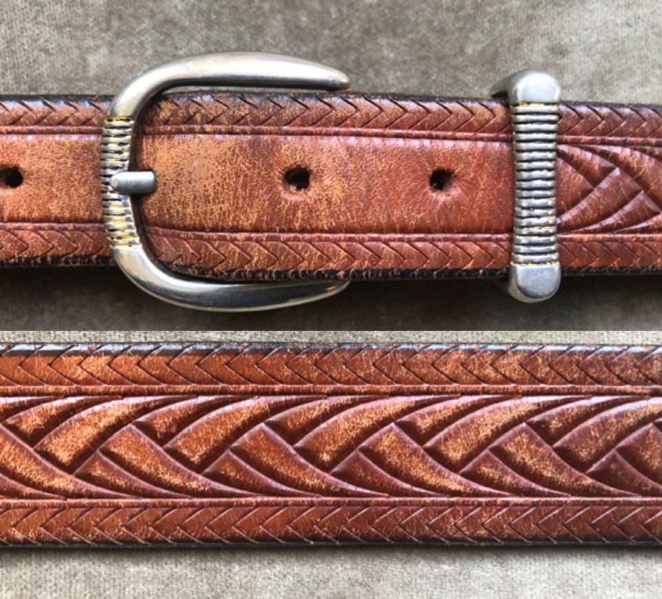 1970s 80s Thick Slim Brown Leather Embossed Tooled Woven Western