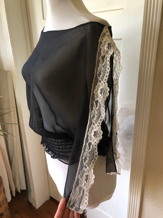 Black Sheer Silk Chiffon Boho Peasant Blouse Vint… - image 4