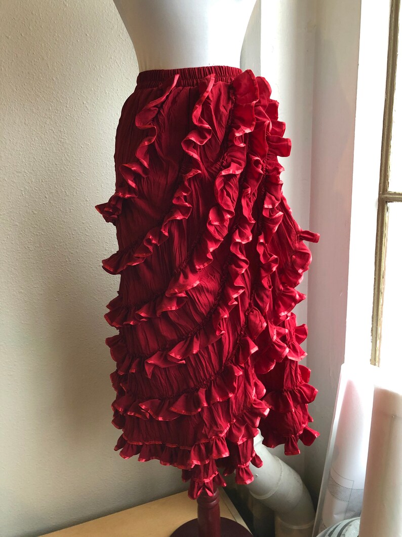 90s Dark Red Ruffled Layered Frilly Burlesque Skirt Flamenco Salsa Dance Womens Vintage 1990s Goth Steampunk Size S XS Ruffle Tango Bohemian
