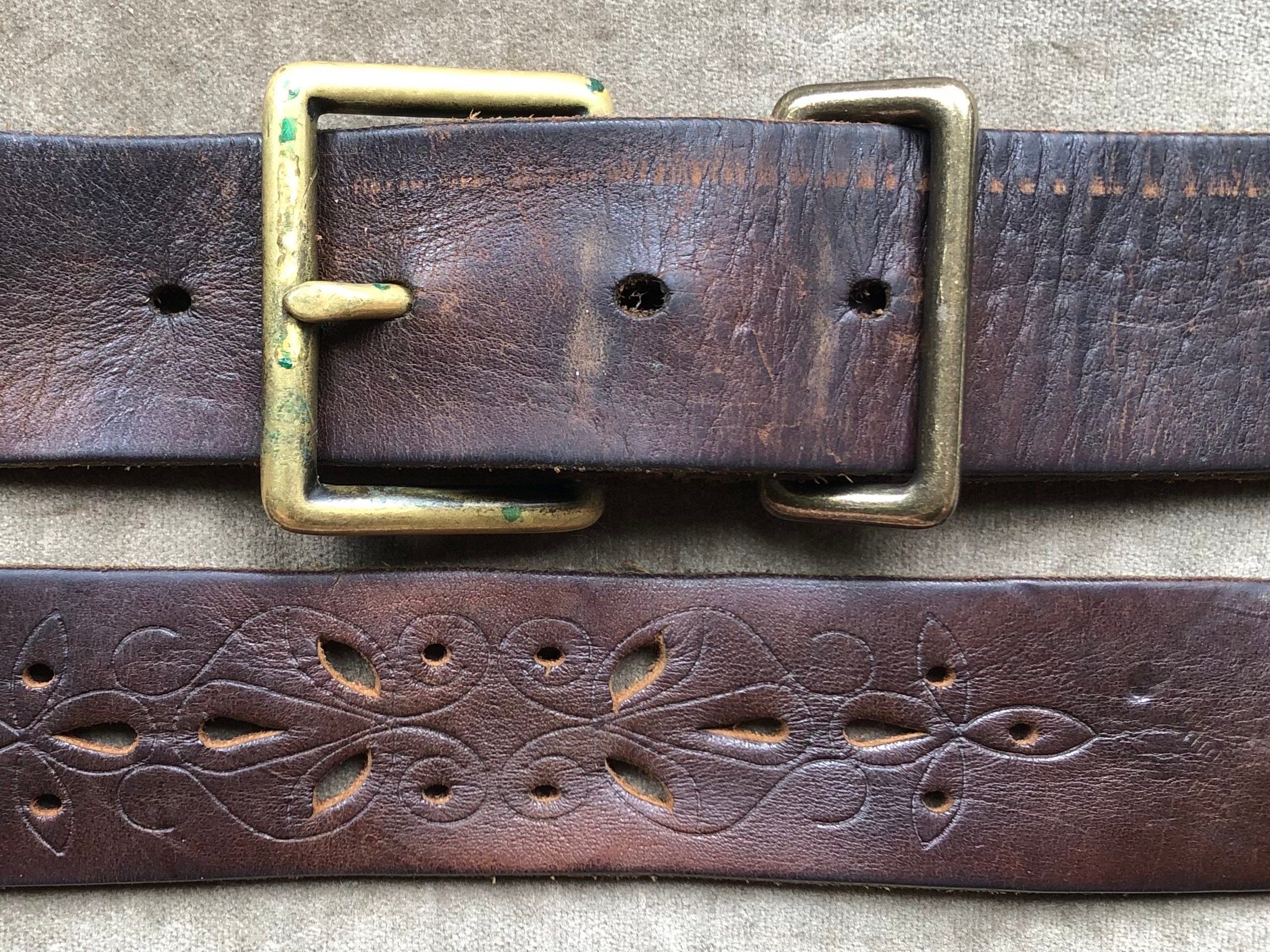 Vintage Leather Tapestry Belts Lot Boho Floral Brass Buckle 3pc Antique Brass Western Floral Leathercraft 3pc Set Belt  main image 2