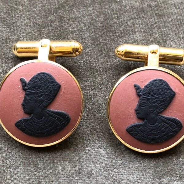 60s 1970s Egyptian Revival Wedgewood Tutankhamen Black Basalt Terracotta Ceramic Cameo 24k Gilt Cufflinks Vintage 1960s 70s Cuff Links Retro