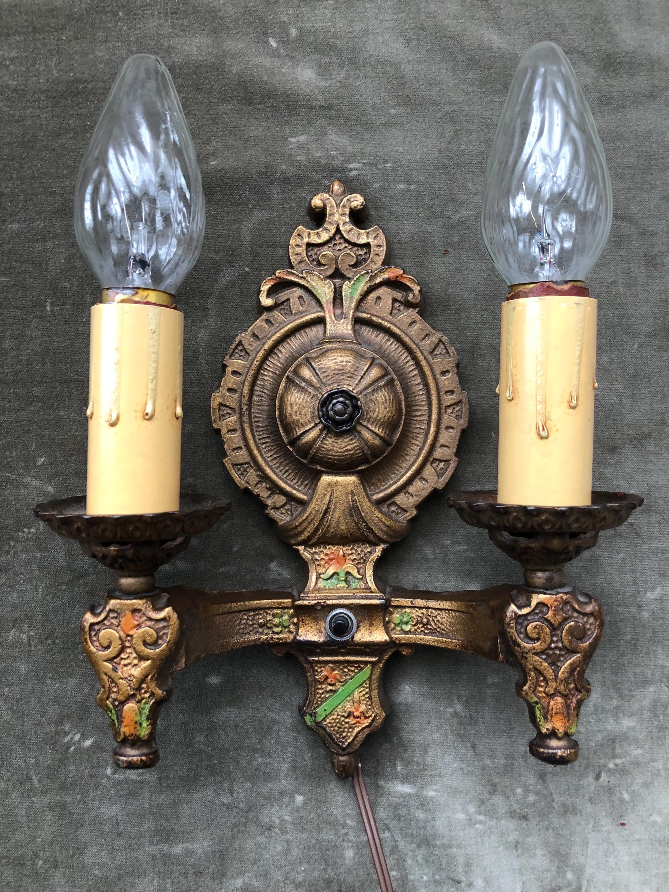 1920s Antique Art Deco Cast Iron Gold Floral Double Arm Electric