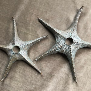 Maitland Smith Cast Seastar Starfish Pair Set of 2 Candle Holders Candlestick Bronze Brass Patina Ocean Sea Beach Star Vintage Sculpture