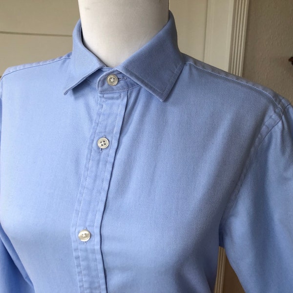Cotton Woven English Spread Collar Mens Oxford Button Up Shirt Long Sleeve Blouse Top Womens XS S Light Blue Twill Simple Plain Elegant y2k