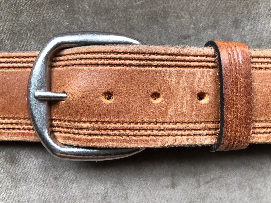 Rustic Brown Tan Thick Leather Belt Vintage 1990s 90s Tooled