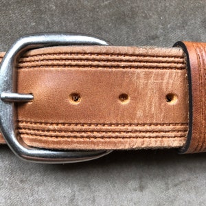 Rustic Brown Tan Thick Leather Belt Vintage 1990s 90s Tooled 44 45 46 47 48 Waist XL XXL Buckle Western Southwestern Heavy Duty USA Embossed