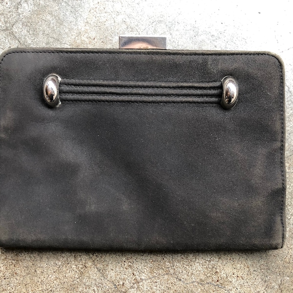 Antique 1930s 40s Black Suede Leather Nubuck Handbag Bag Art Deco Chrome Snap Pouch Small Purse Vintage 1940s 30s Clutch Wristlet Wallet