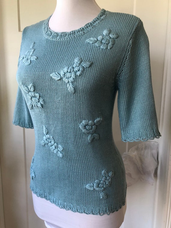Silk Cotton Knit Short Sleeve Blouse Top Floral E… - image 6