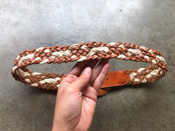 70s 80s Wide Brown Tan Leather Cotton Rope Woven … - image 6