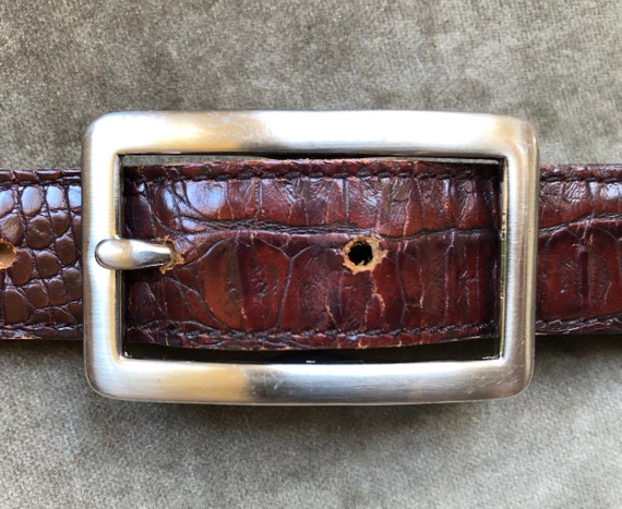 Skinny Dark Brown Croc Embossed Leather Belt 1990… - image 1