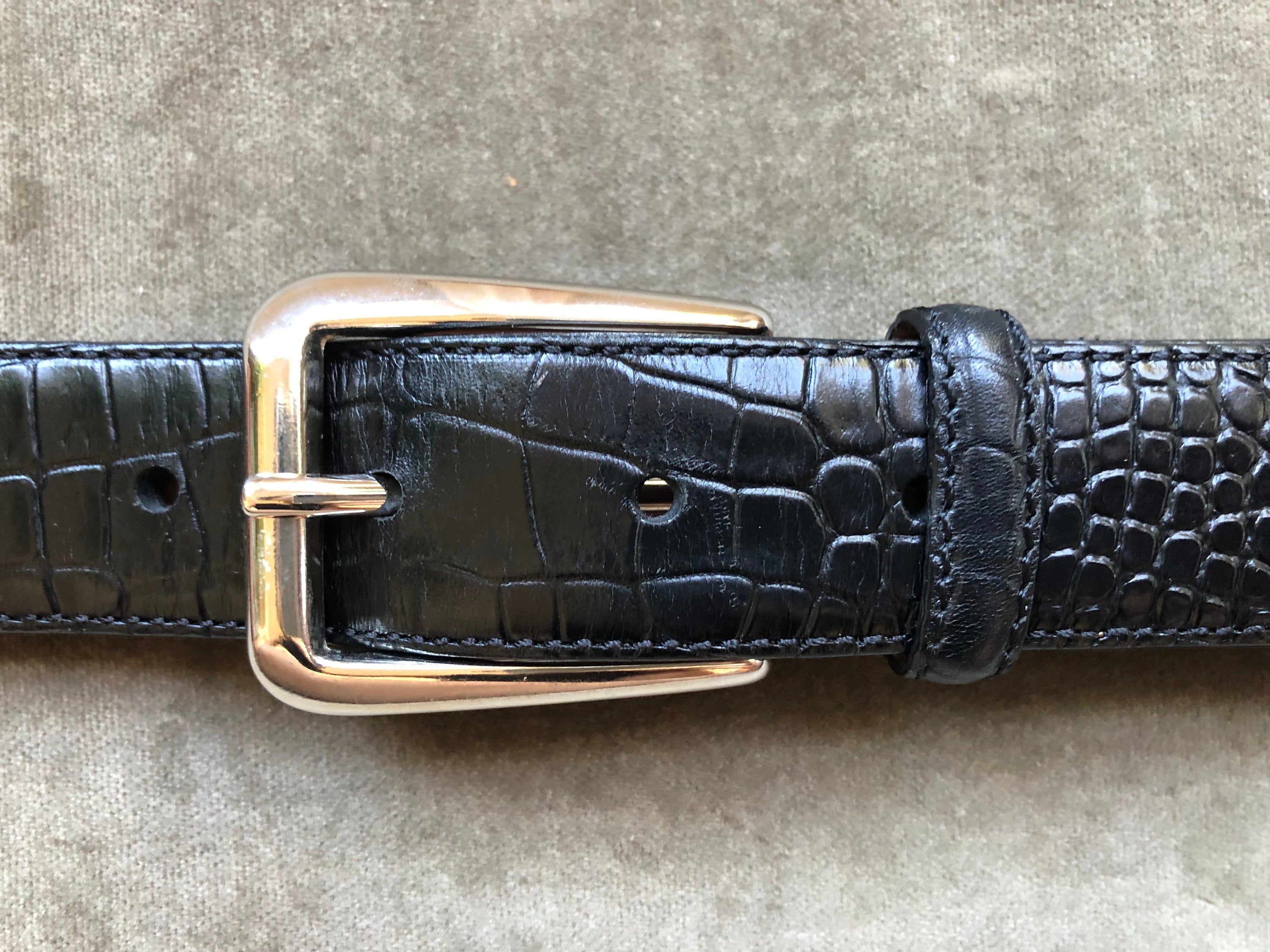 346 Brooks Brothers Black Croc Embossed Leather Trouser Belt Vintage 37 38  39 40 Waist M L Vintage Mens Dress Silver Buckle Italian Italy 