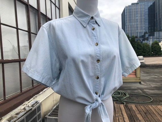 80s Cotton Blue Bleached White Shirt  Denim Boxy … - image 1