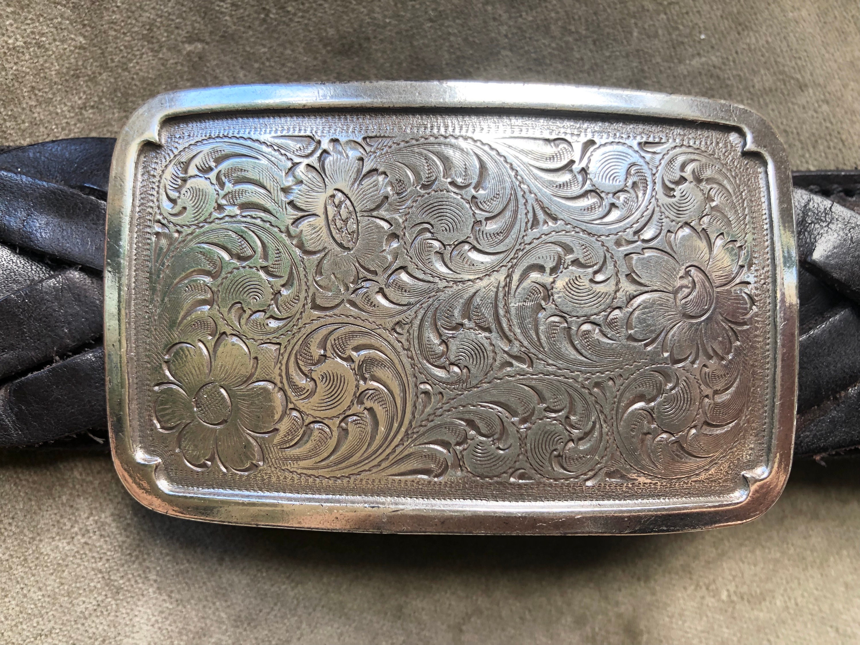 Leather braided black belt floral silver tone buckle Size XL statement western il_fullxfull.3742441605_l5yl.jpg main image 3