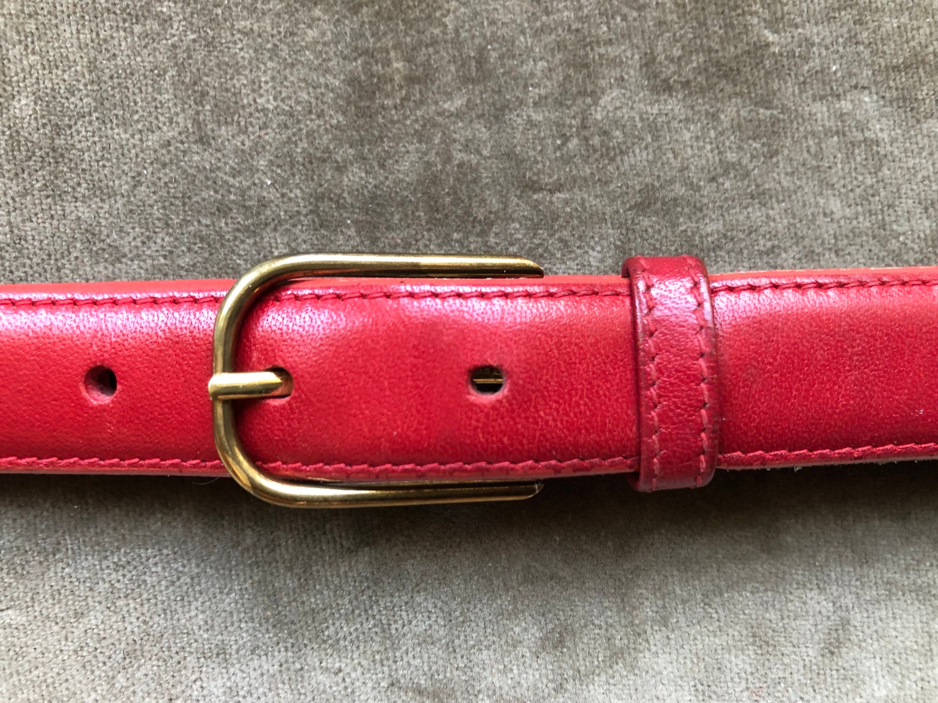 Skinny Red Leather Trafalgar Belt Slim Petite Brass Buckle Size XS 24 25 26 waist Vintage 1980s 1990s 80s 90s Retro Slim Feminine Rockabilly